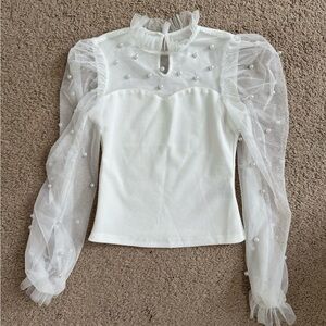petite pearls beaded contrast mesh long sleeve top